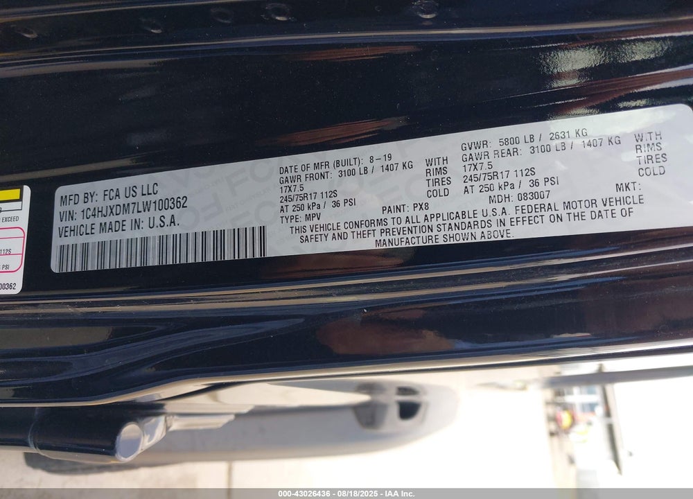 2020 JEEP WRANGLER UNLIMITED VIN: 1C4HJXDM7LW100362