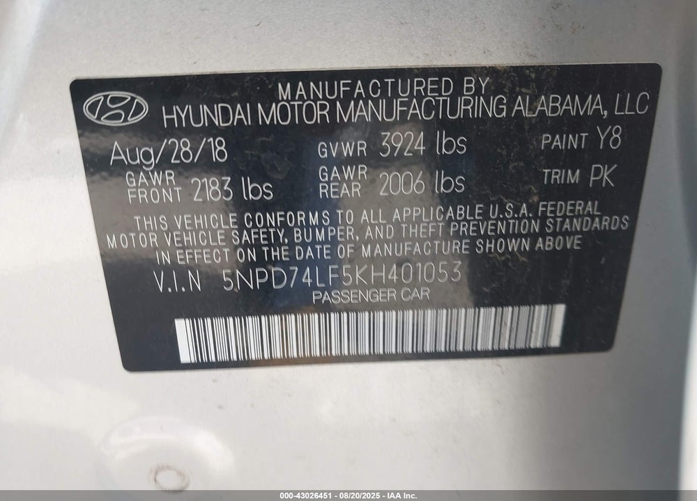 2019 HYUNDAI ELANTRA SE VIN: 5NPD74LF5KH401053