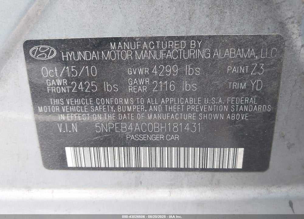 2011 HYUNDAI SONATA VIN: 5NPEB4AC0BH181431