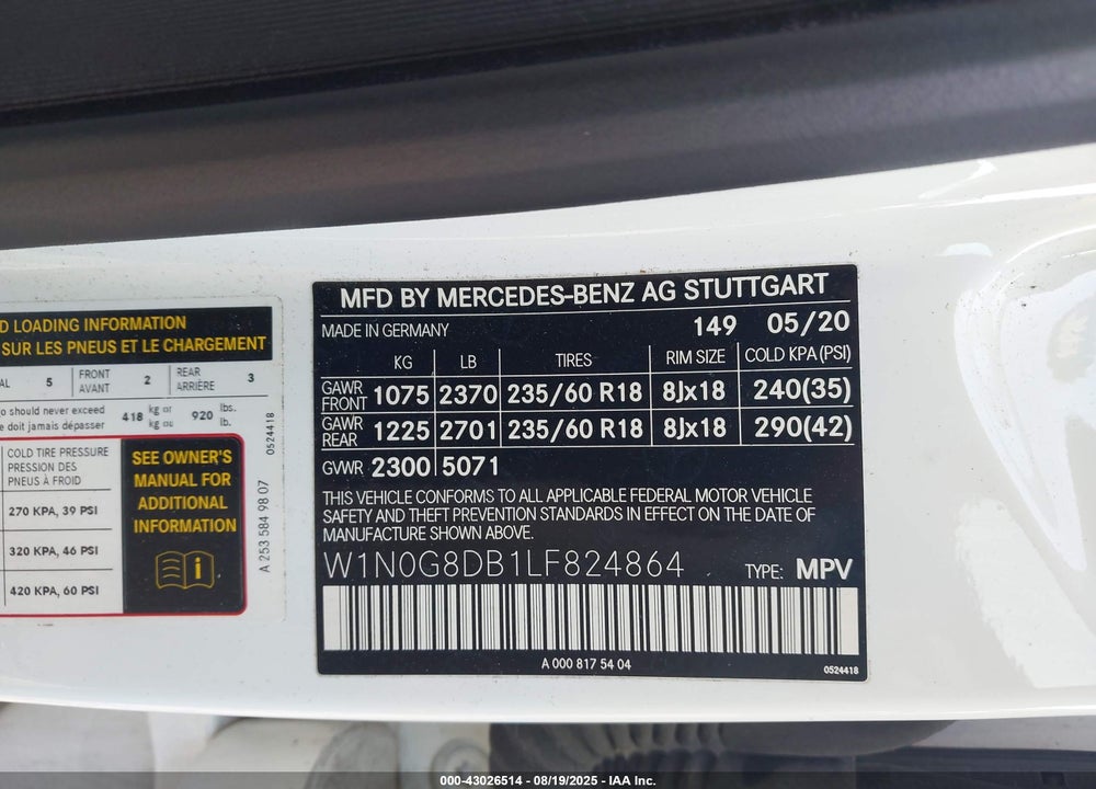 2020 MERCEDES-BENZ GLC CLASS VIN: W1N0G8DB1LF824864