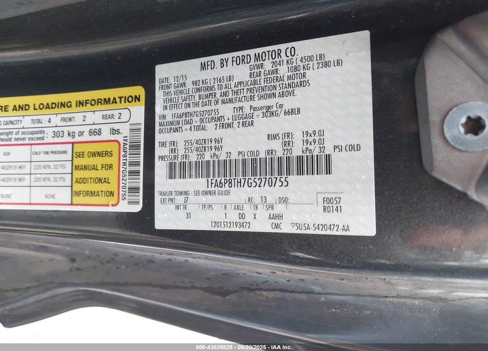 2016 FORD MUSTANG ECOBOOST VIN: 1FA6P8TH7G5270755