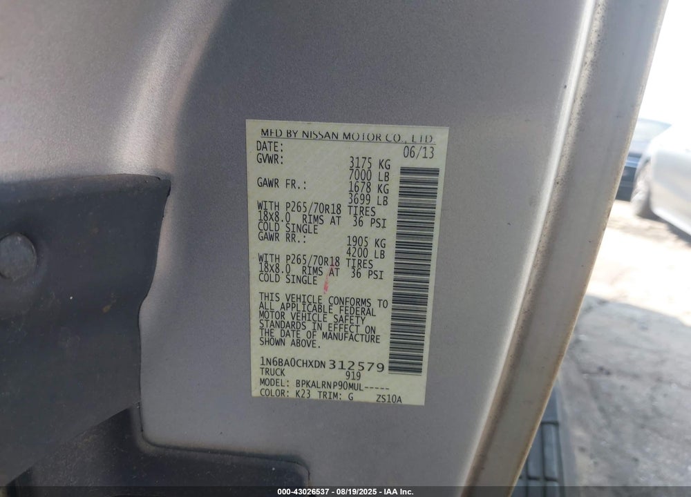 2013 NISSAN TITAN VIN: 1N6BA0CHXDN312579