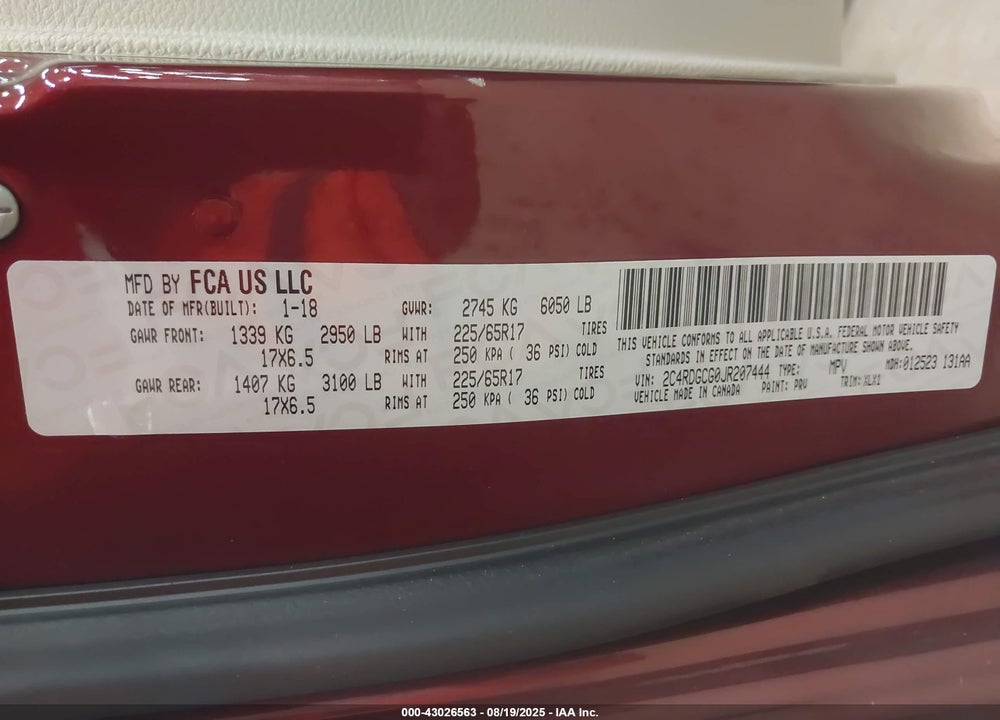 2018 DODGE GRAND CARAVAN SXT VIN: 2C4RDGCG0JR207444