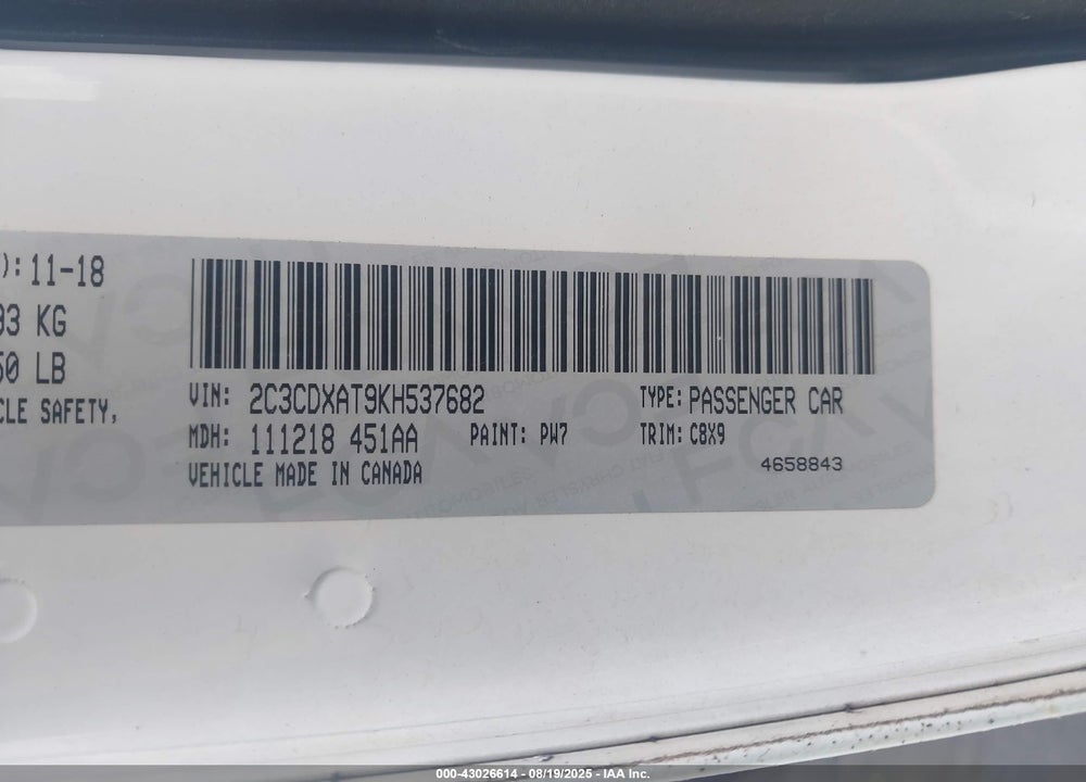 2019 DODGE CHARGER VIN: 2C3CDXAT9KH537682