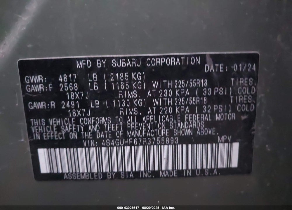 2024 SUBARU CROSSTREK VIN: 4S4GUHF67R3755893