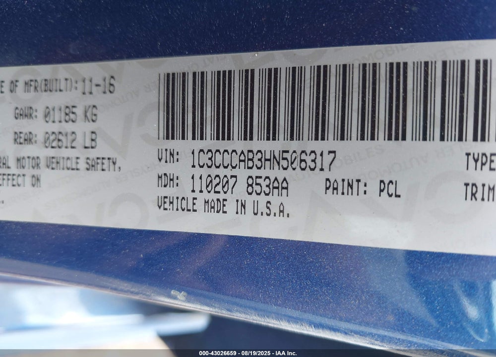 2017 CHRYSLER 200 VIN: 1C3CCCAB3HN506317