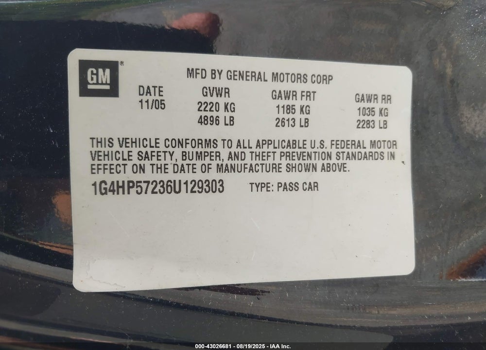 2006 BUICK LUCERNE CX VIN: 1G4HP57236U129303