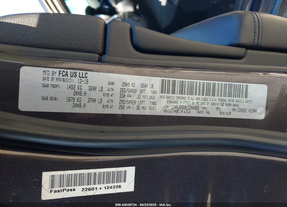 2020 JEEP GRAND CHEROKEE ALTITUDE 4X2 VIN: 1C4RJEAGXLC244965