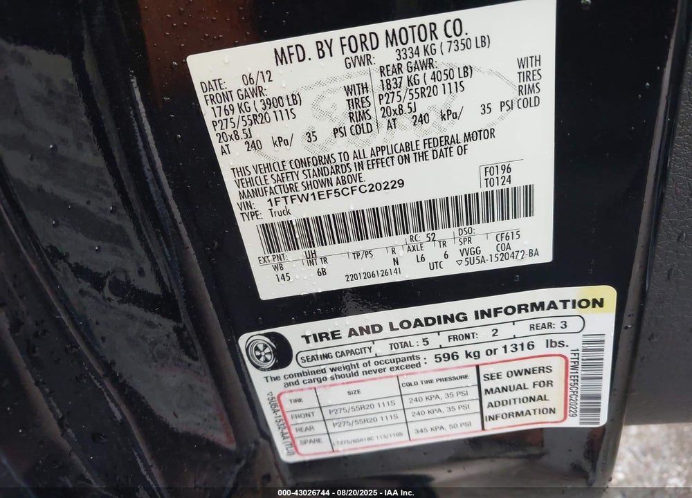 2012 FORD F-150 VIN: 1FTFW1EF5CFC20229