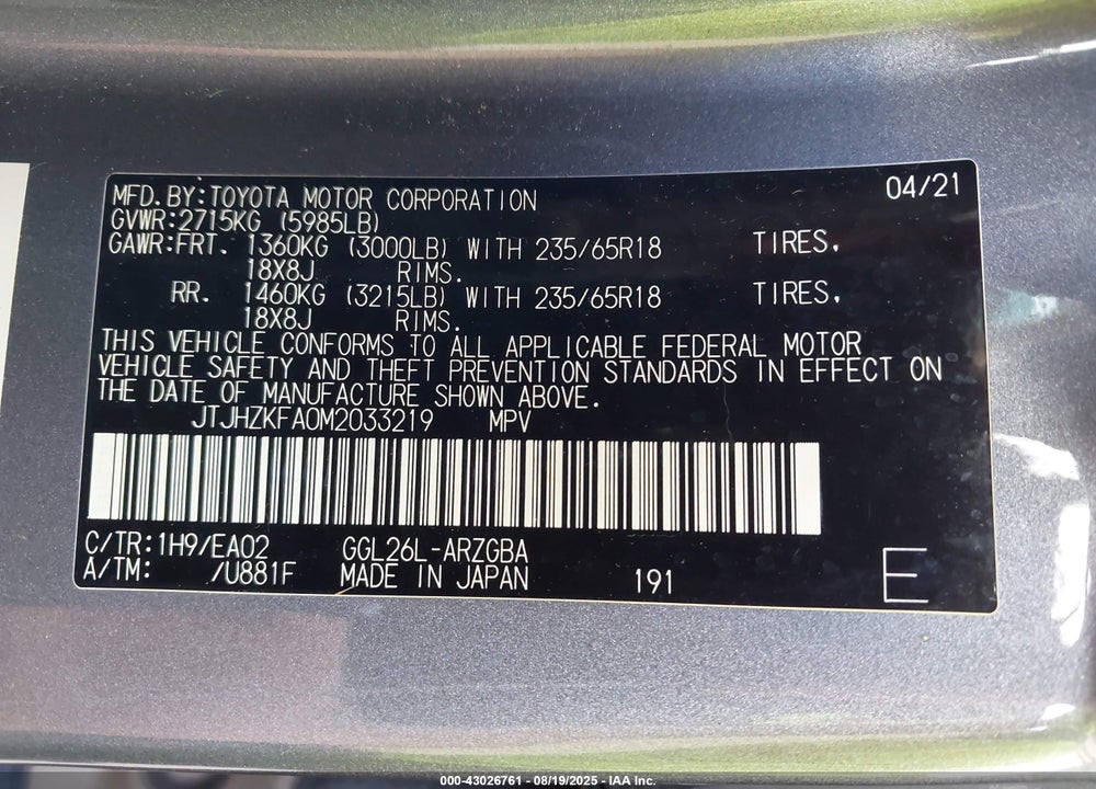 2021 LEXUS RX 350L VIN: JTJHZKFA0M2033219