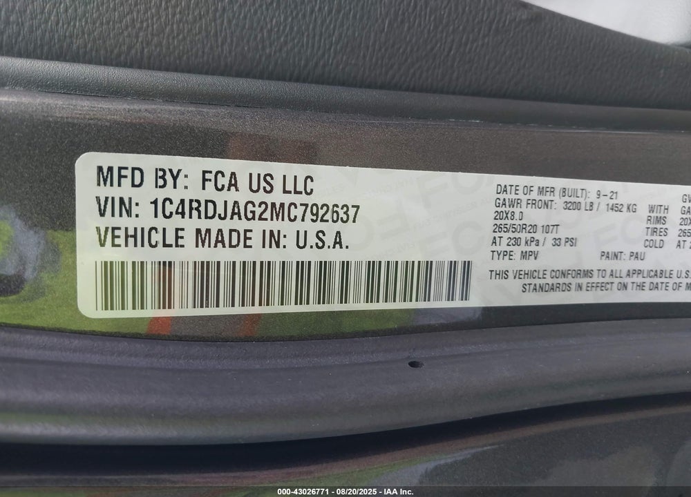 2021 DODGE DURANGO VIN: 1C4RDJAG2MC792637