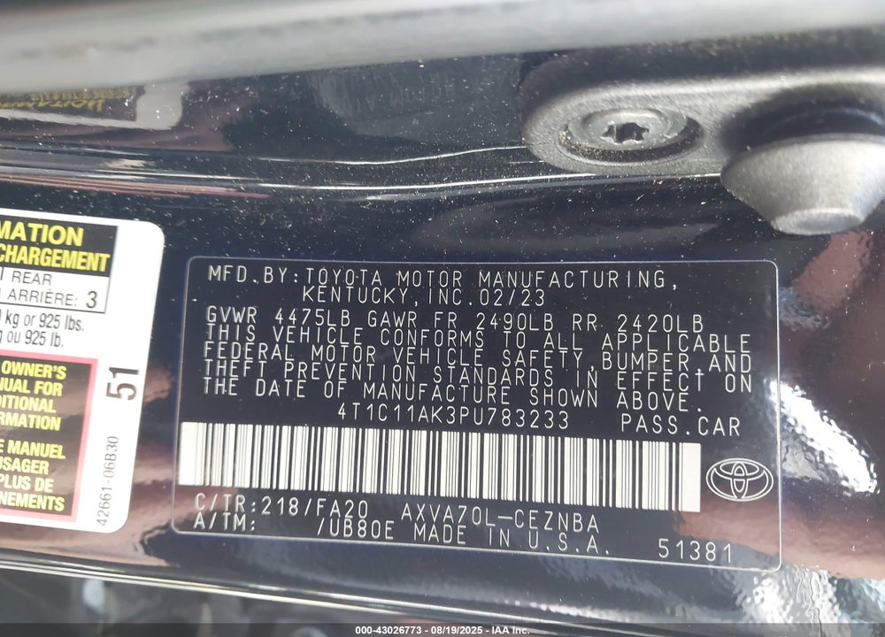 2023 TOYOTA CAMRY VIN: 4T1C11AK3PU783233