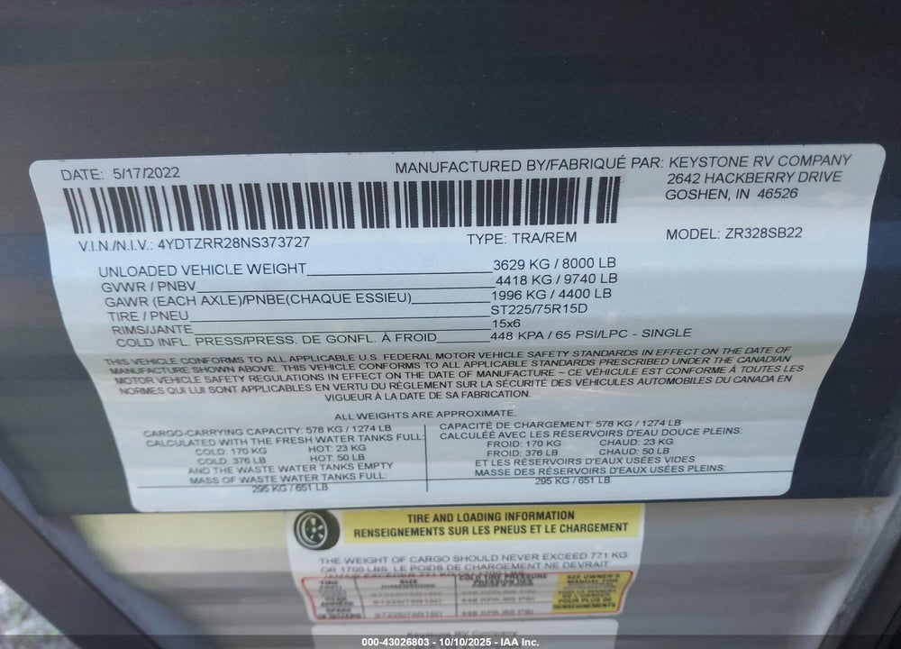 2022 ZINGER TRAVEL TRAILER VIN: 4YDTZRR28NS373727