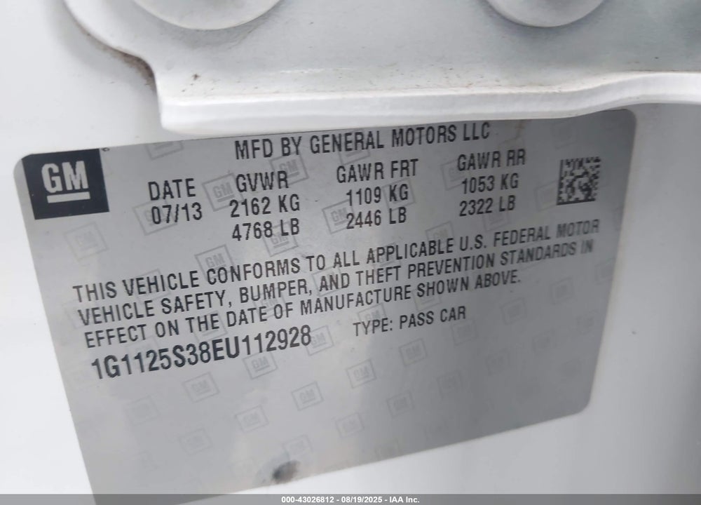 2014 CHEVROLET IMPALA VIN: 1G1125S38EU112928