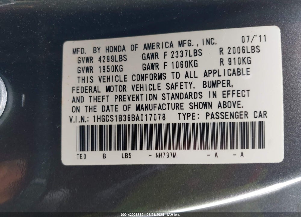 2011 HONDA ACCORD 2.4 LX-S VIN: 1HGCS1B36BA017078