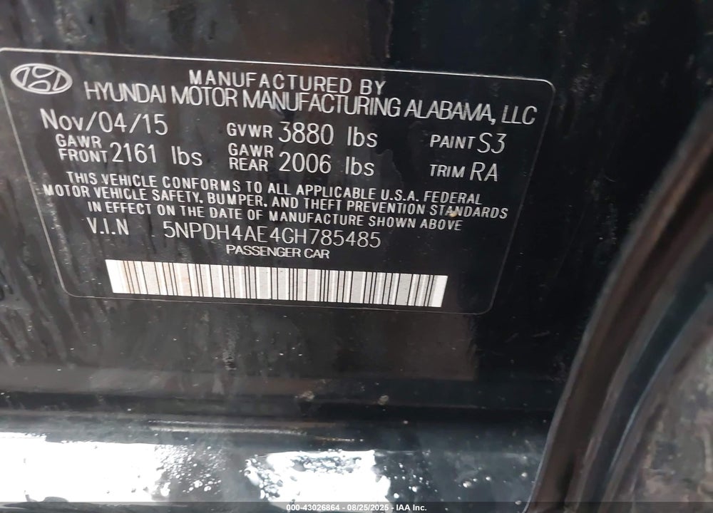 2016 HYUNDAI ELANTRA VIN: 5NPDH4AE4GH785485