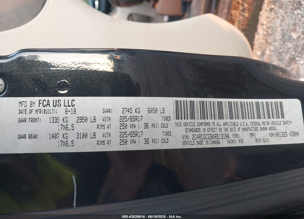 2019 DODGE GRAND CARAVAN SXT VIN: 2C4RDGCG5KR513184