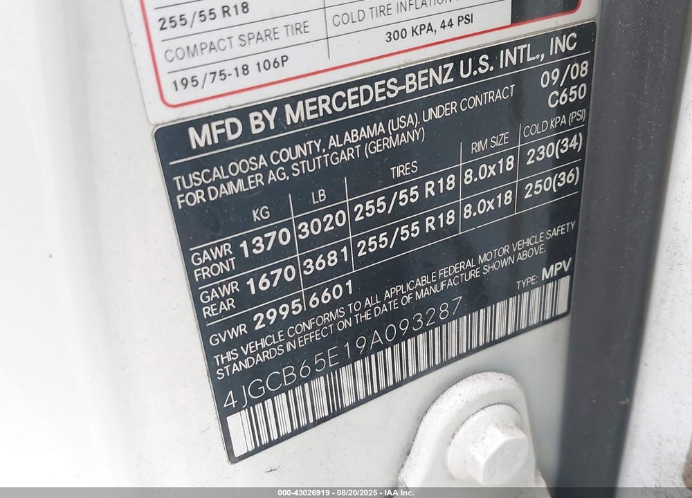2009 MERCEDES-BENZ R-CLASS VIN: 4JGCB65E19A093287