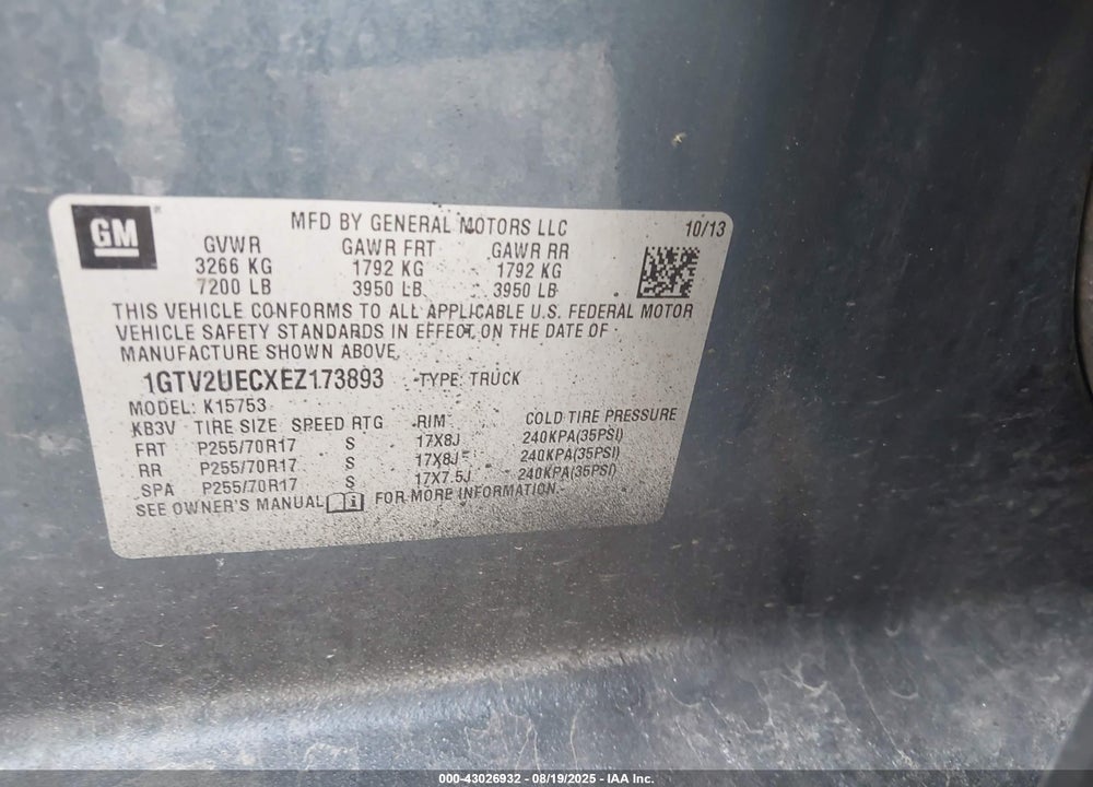 2014 GMC SIERRA 1500 VIN: 1GTV2UECXEZ173893