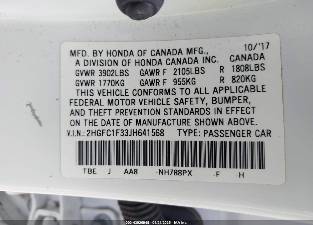 2018 HONDA CIVIC VIN: 2HGFC1F33JH641568