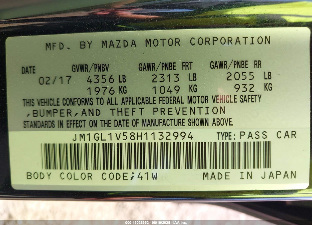 2017 MAZDA 6 VIN: JM1GL1V58H1132994