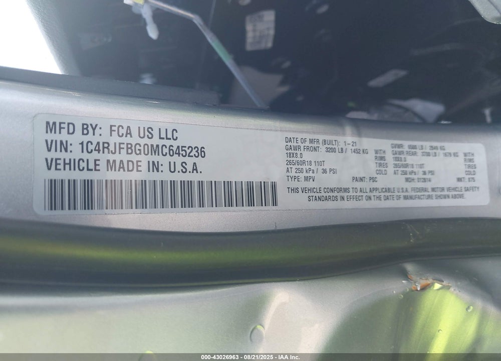 2021 JEEP GRAND CHEROKEE VIN: 1C4RJFBG0MC645236