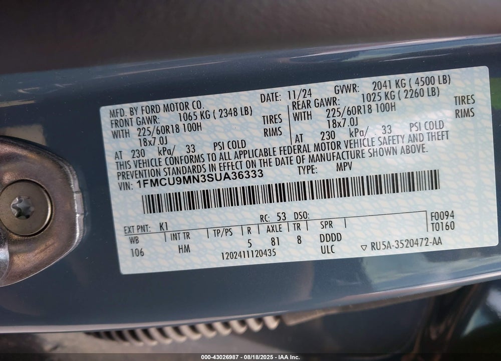 2025 FORD ESCAPE VIN: 1FMCU9MN3SUA36333