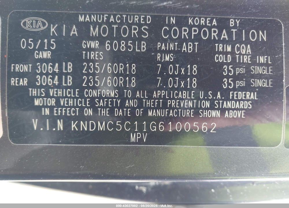 2016 KIA SEDONA VIN: KNDMC5C11G6100562