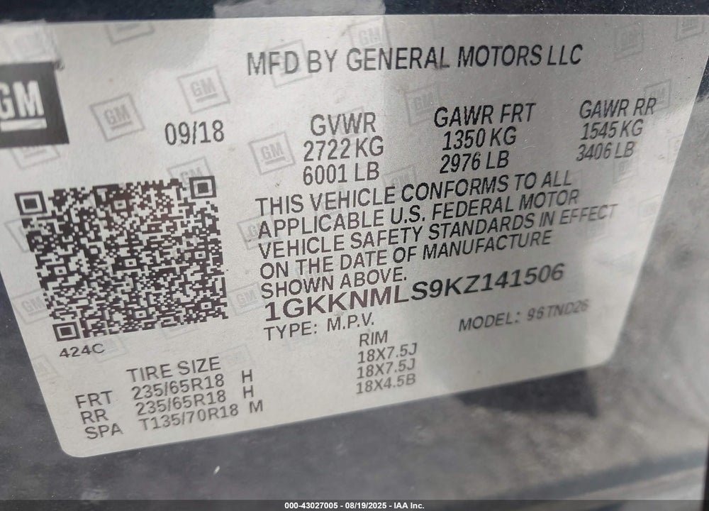2019 GMC ACADIA VIN: 1GKKNMLS9KZ141506