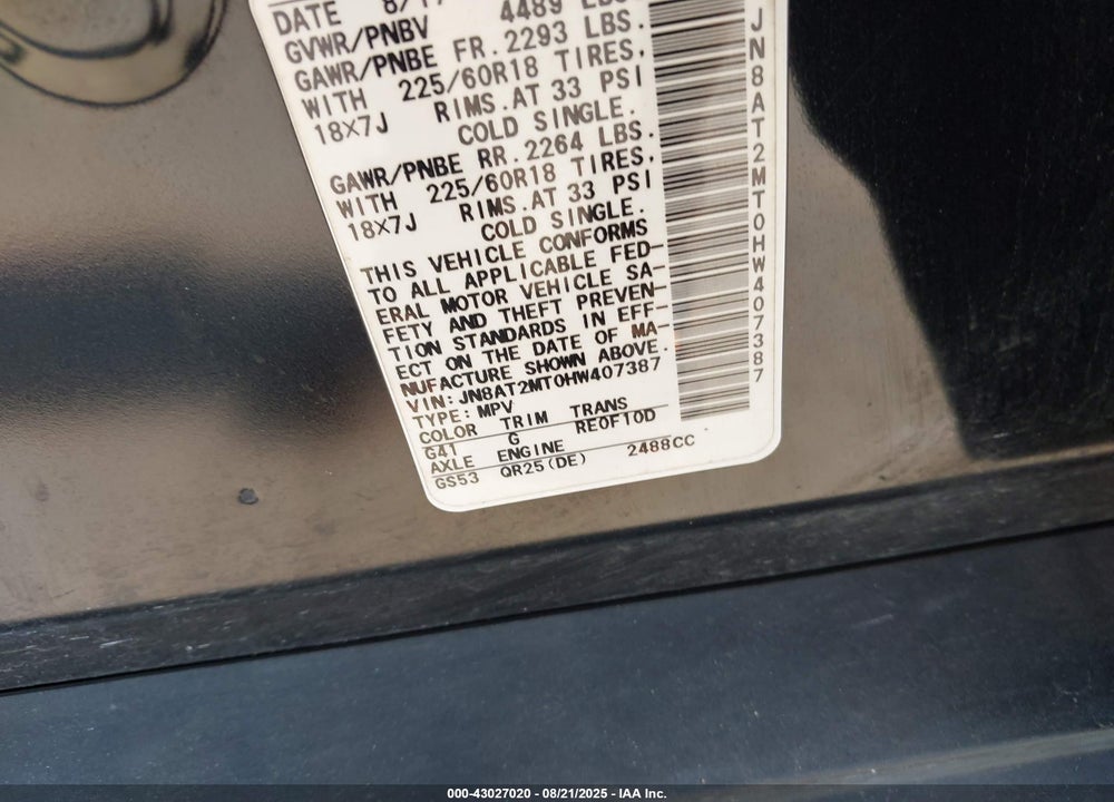 2017 NISSAN ROGUE VIN: JN8AT2MT0HW407387