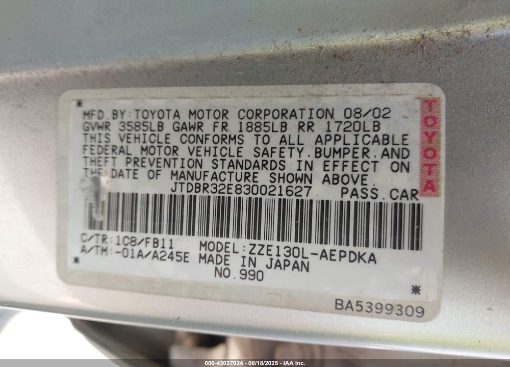2003 TOYOTA COROLLA CE VIN: JTDBR32E830021627