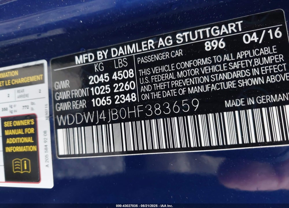 2017 MERCEDES-BENZ C CLASS VIN: WDDWJ4JB0HF383659