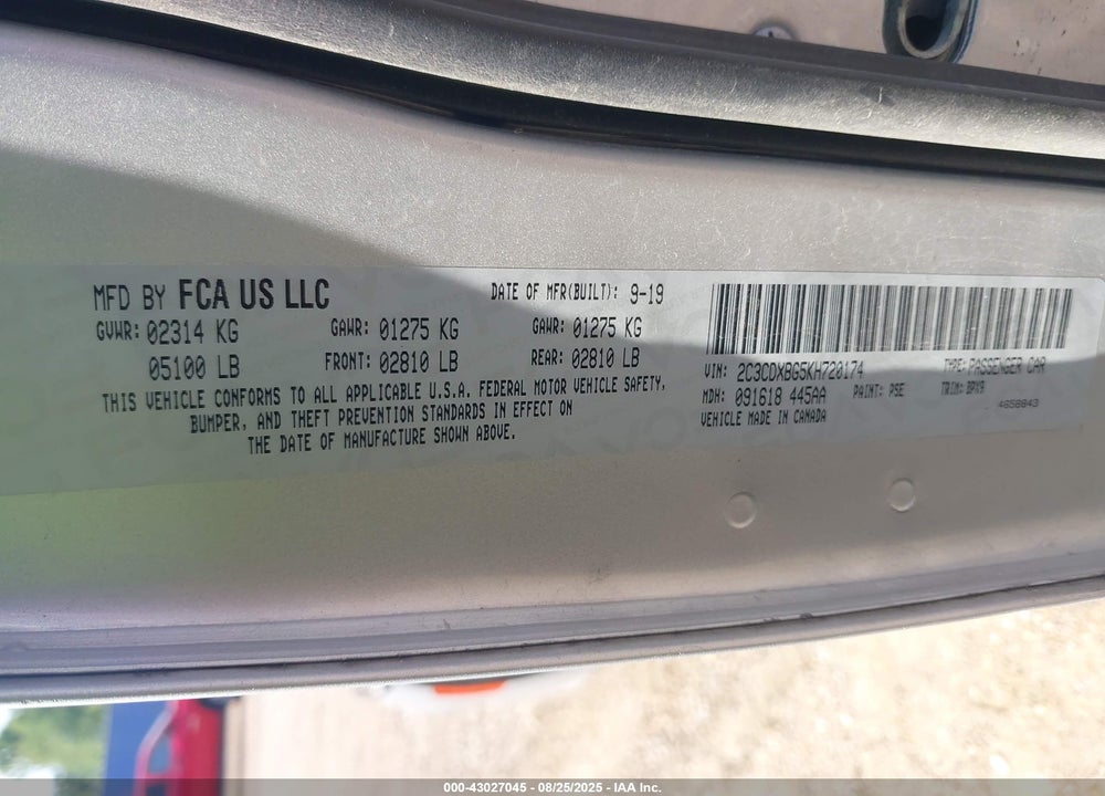 2019 DODGE CHARGER SXT RWD VIN: 2C3CDXBG5KH720174