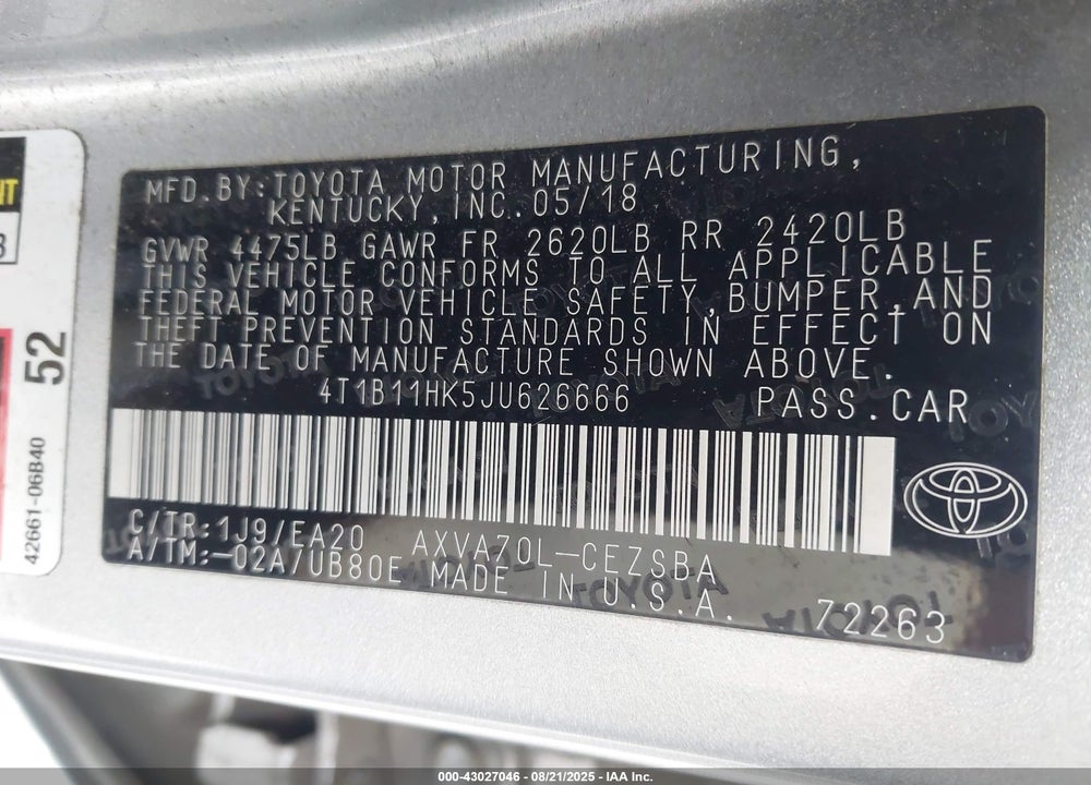 2018 TOYOTA CAMRY VIN: 4T1B11HK5JU626666