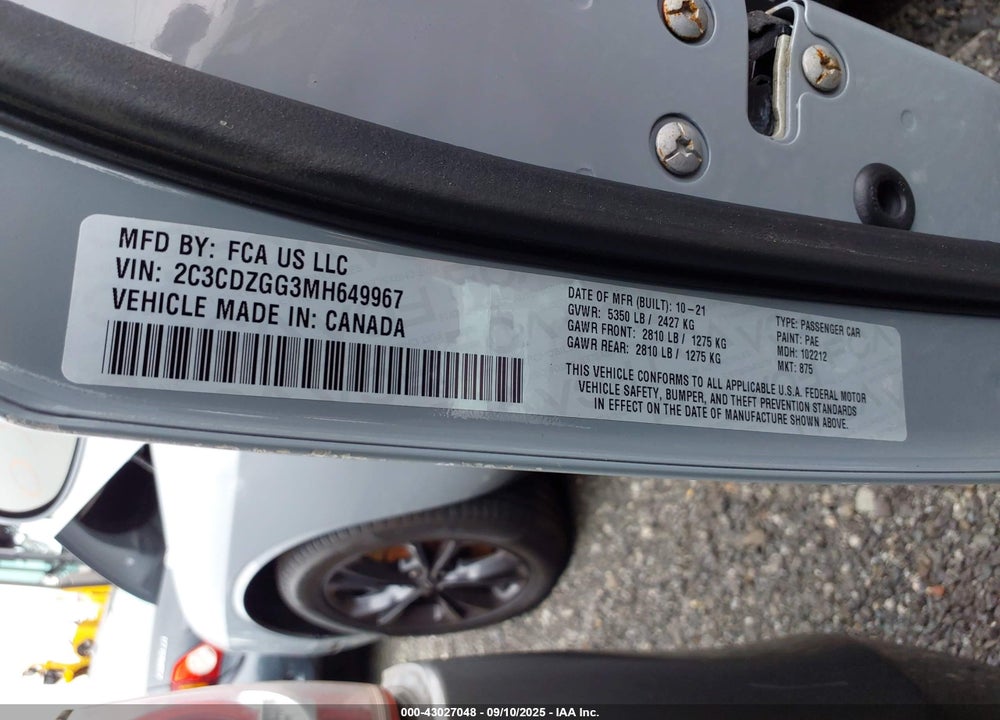 2021 DODGE CHALLENGER VIN: 2C3CDZGG3MH649967