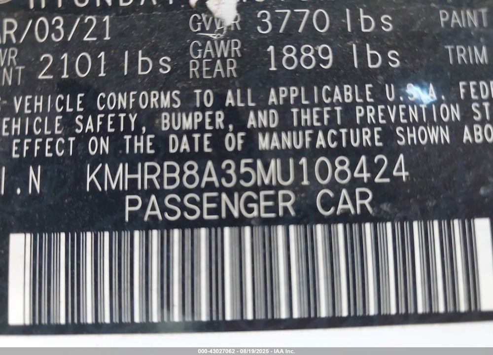 2021 HYUNDAI VENUE SE VIN: KMHRB8A35MU108424