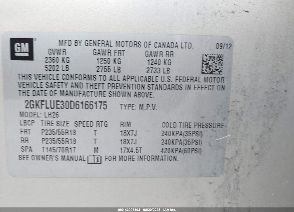 2013 GMC TERRAIN SLT-1 VIN: 2GKFLUE30D6166175