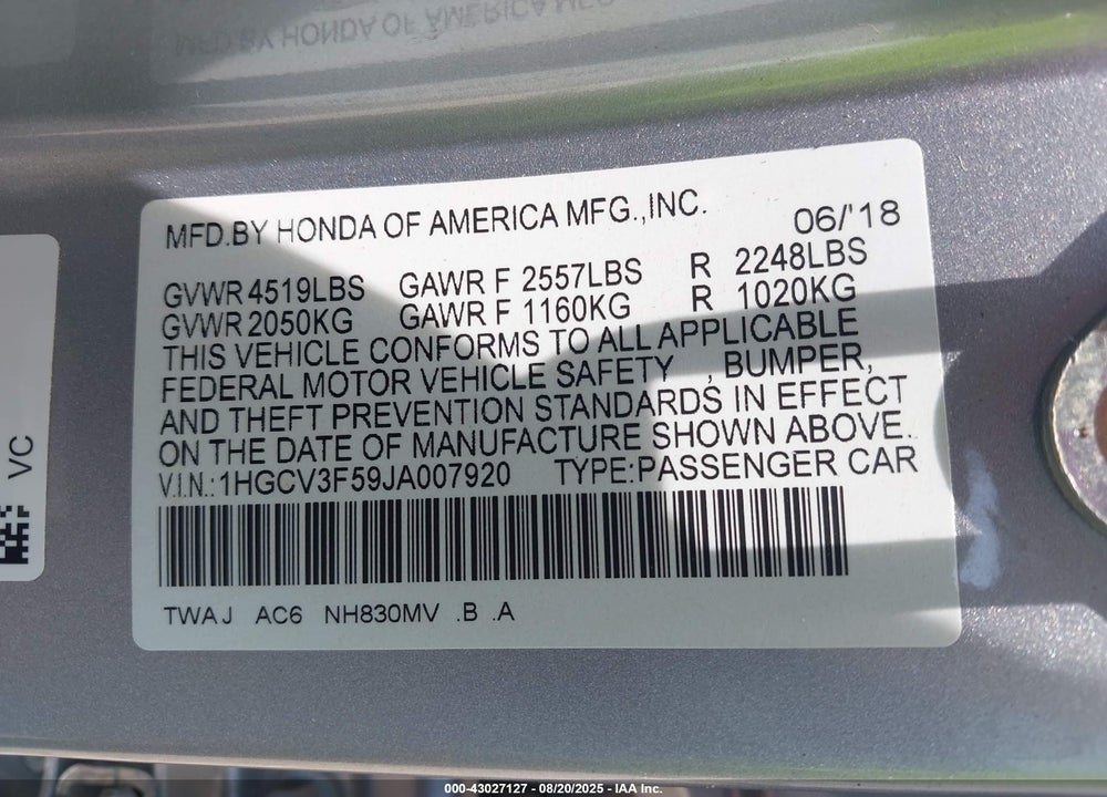2018 HONDA ACCORD VIN: 1HGCV3F59JA007920