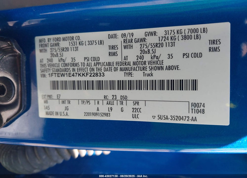 2019 FORD F-150 XL VIN: 1FTEW1E47KKF22833