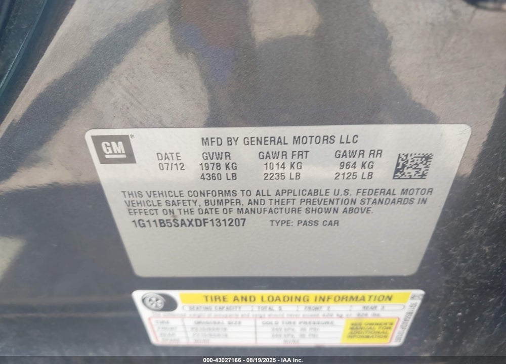 2013 CHEVROLET MALIBU VIN: 1G11B5SAXDF131207