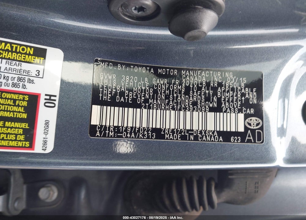 2015 TOYOTA COROLLA S PLUS VIN: 2T1BURHE1FC393099