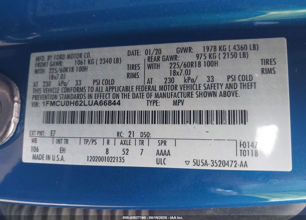 2020 FORD ESCAPE SEL VIN: 1FMCU0H62LUA66844