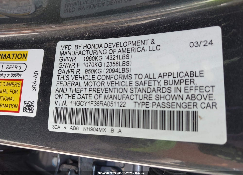 2024 HONDA ACCORD VIN: 1HGCY1F36RA051122