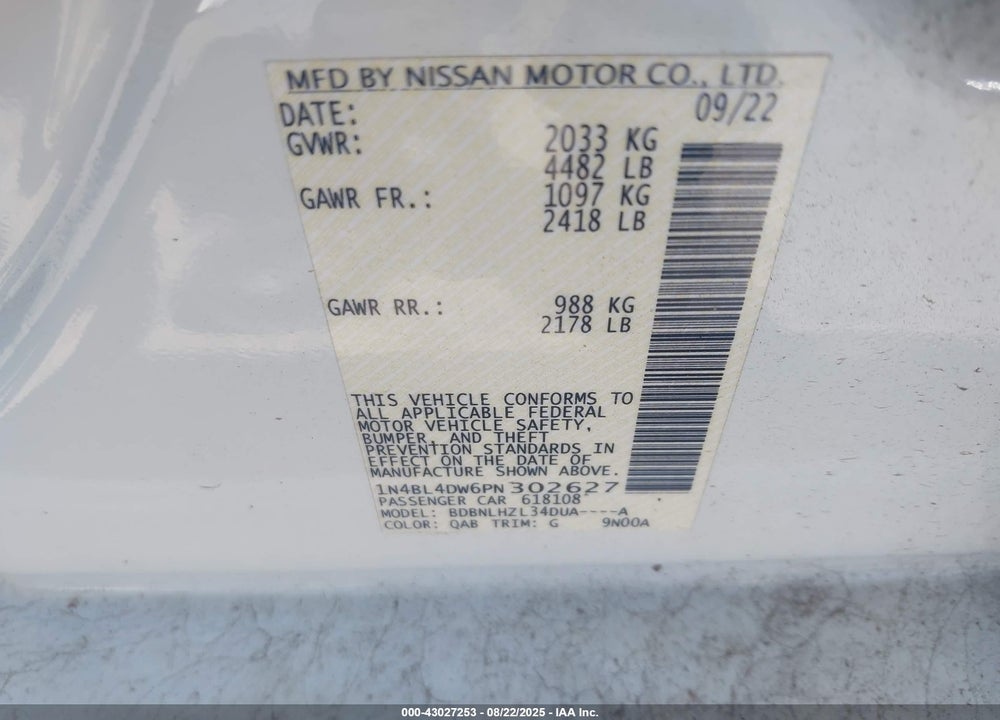 2023 NISSAN ALTIMA SV INTELLIGENT AWD VIN: 1N4BL4DW6PN302627