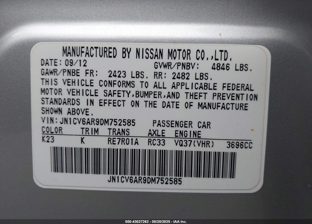 2013 INFINITI G37X VIN: JN1CV6AR9DM752585