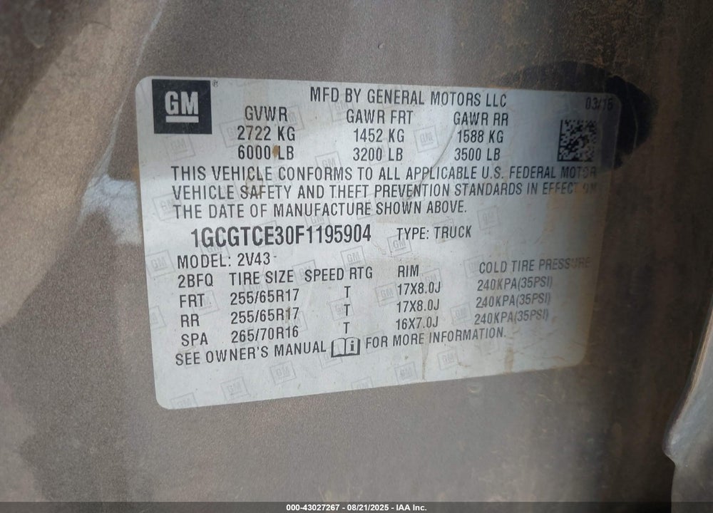 2015 CHEVROLET COLORADO VIN: 1GCGTCE30F1195904