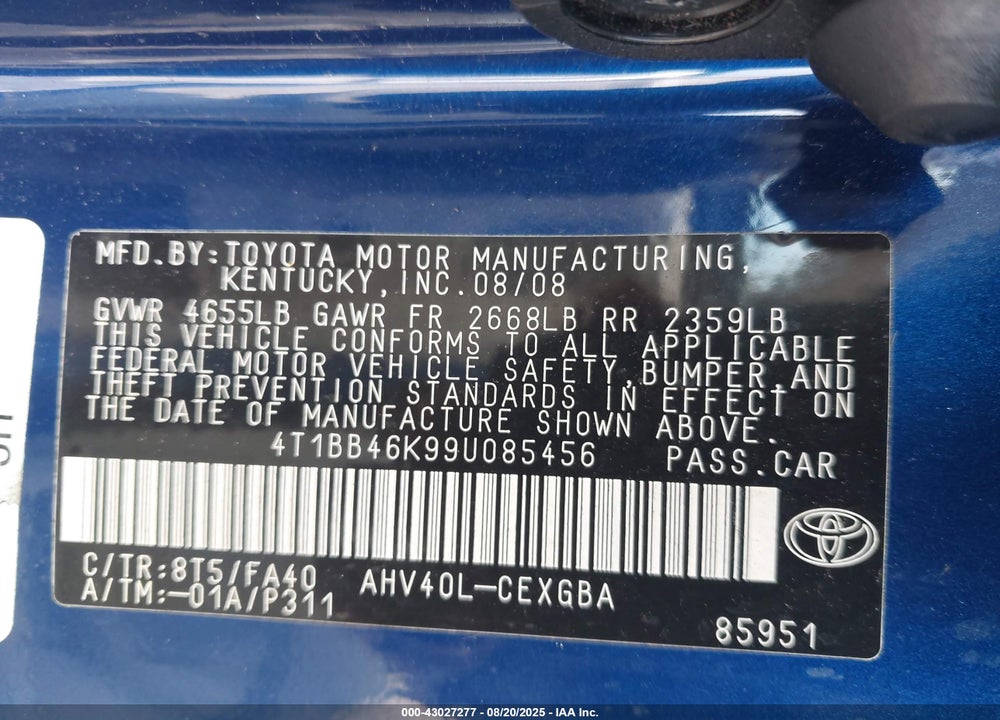 2009 TOYOTA CAMRY HYBRID VIN: 4T1BB46K99U085456