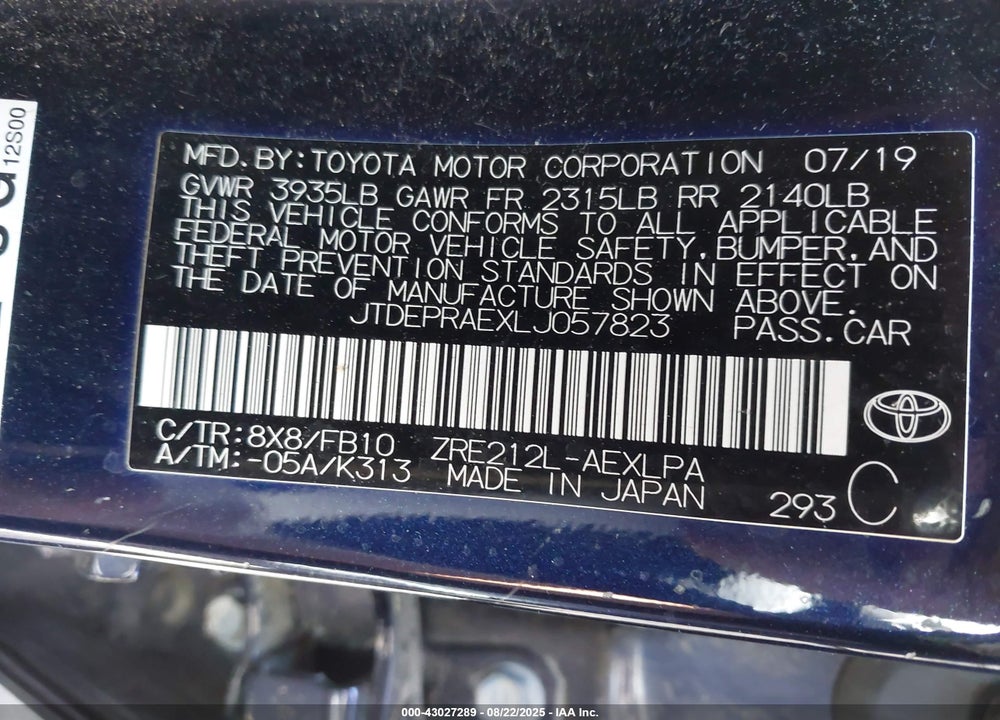 2020 TOYOTA COROLLA VIN: JTDEPRAEXLJ057823