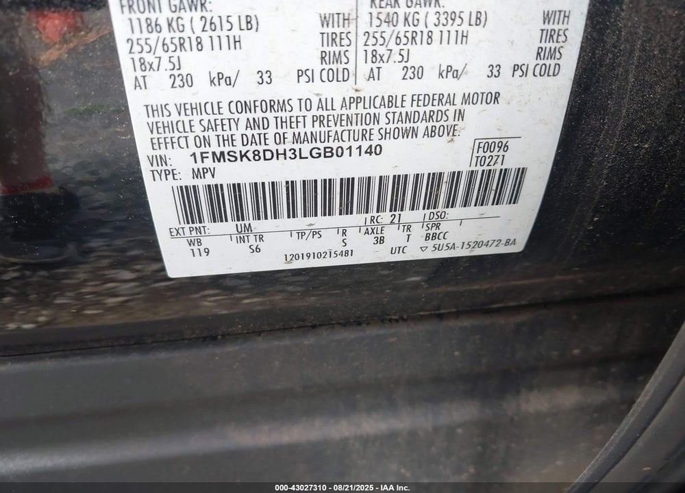 2020 FORD EXPLORER VIN: 1FMSK8DH3LGB01140