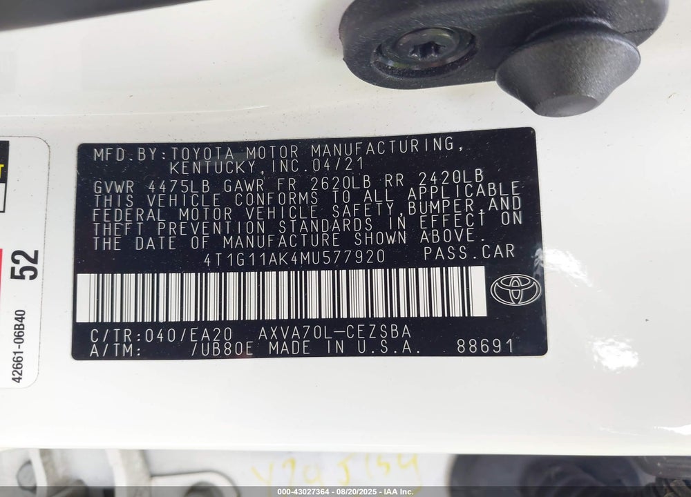 2021 TOYOTA CAMRY VIN: 4T1G11AK4MU577920